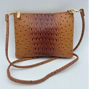 AMELIE GALANTI Brown Crossbody Handbag Bag Croc Ostrich Gold Vegan Cognac Camel